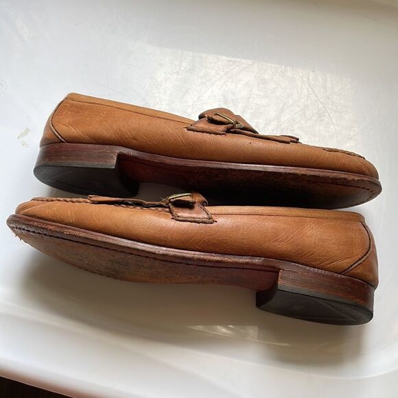 Allen Edmonds Woodville tan slip on loafers with fringe & buckle - Picture 9 of 9